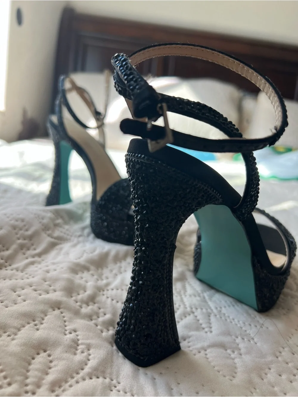 Betsey Johnson Black Beaded Platform Ankle-Strap Heels